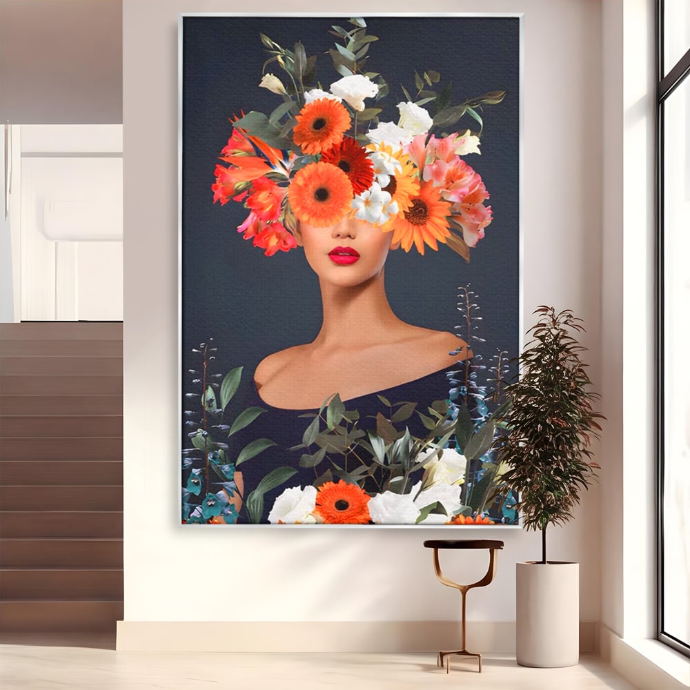 Tablou canvas cu tablou portret femeie cu flori, in rama de aluminiu argintiu